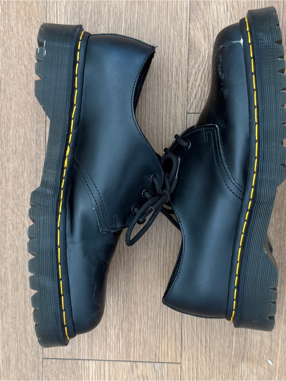 Dr. Martens Black Leather Lace-Up Shoes with Yellow Stitching
